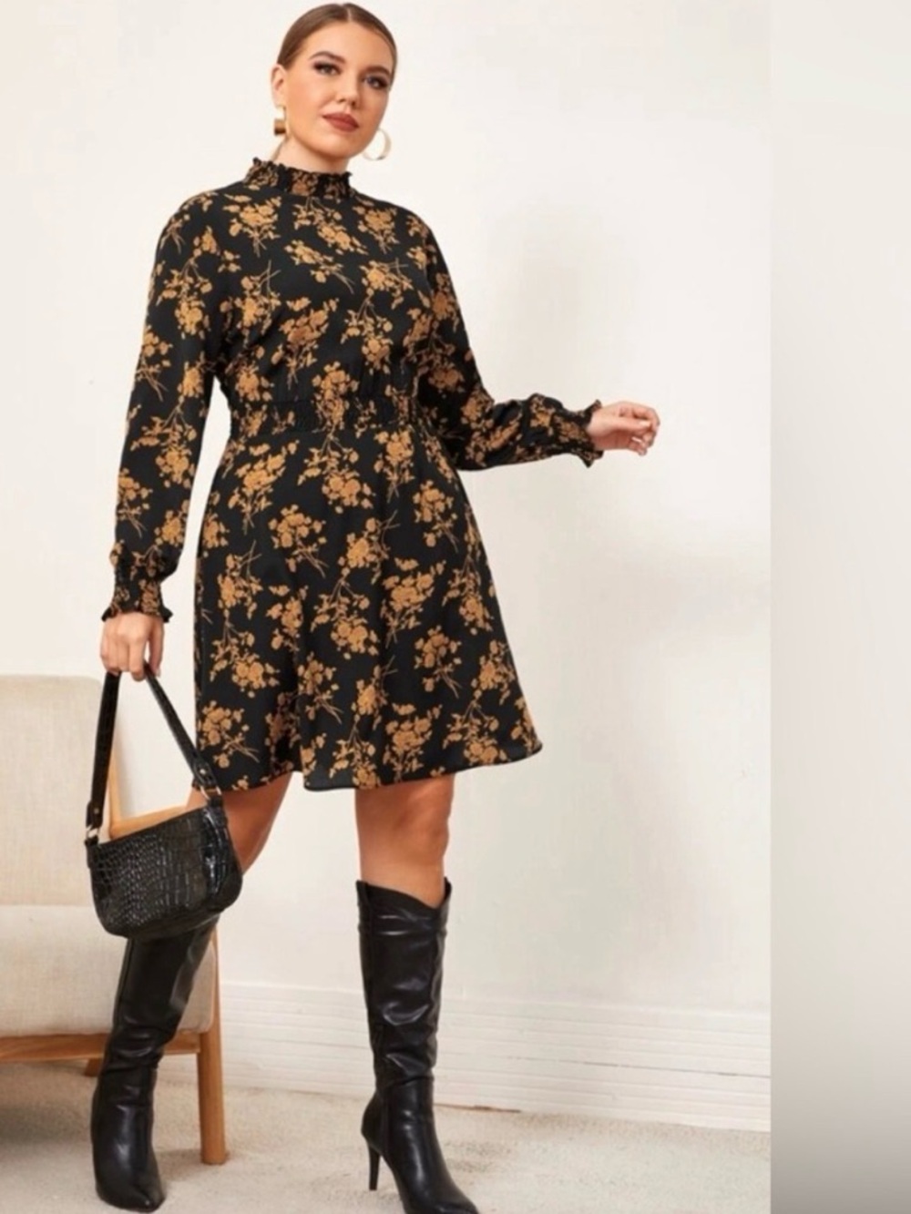 Black & Burnt Orange/Gold Floral Long Sleeve Mini Dress – Size Large – Like New